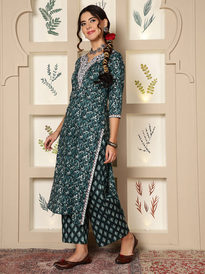 Cotton Calf Length Printed Straight 3/4 Sleeves V-Neck Kurta Bottom Dupatta Set