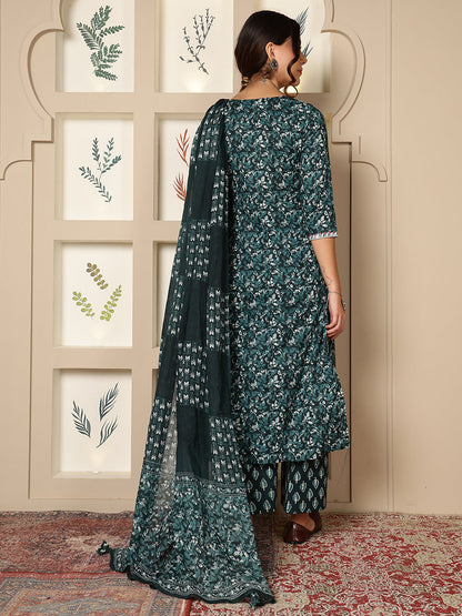 Cotton Calf Length Printed Straight 3/4 Sleeves V-Neck Kurta Bottom Dupatta Set (Preorder)