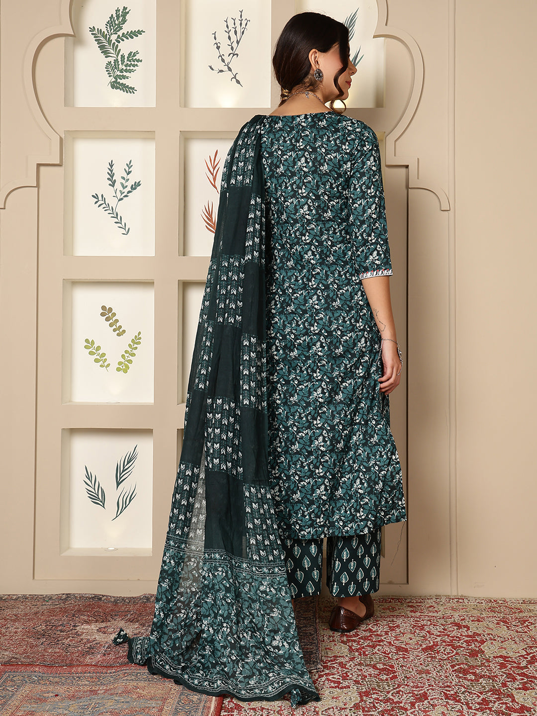 Cotton Calf Length Printed Straight 3/4 Sleeves V-Neck Kurta Bottom Dupatta Set