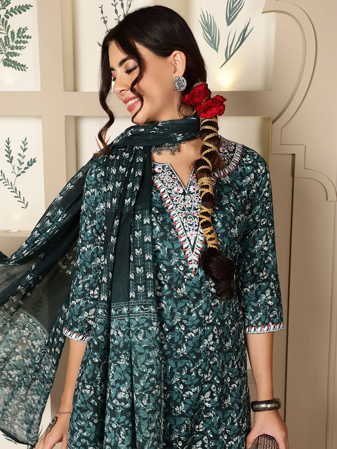Cotton Calf Length Printed Straight 3/4 Sleeves V-Neck Kurta Bottom Dupatta Set