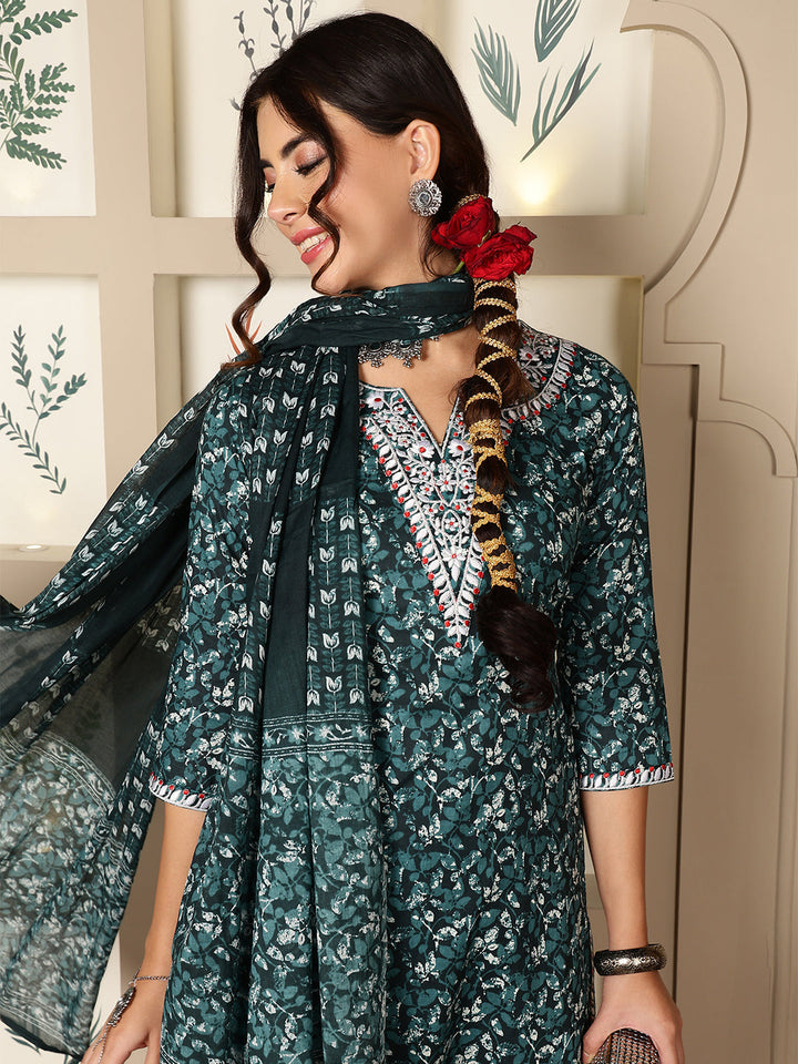 Cotton Calf Length Printed Straight 3/4 Sleeves V-Neck Kurta Bottom Dupatta Set