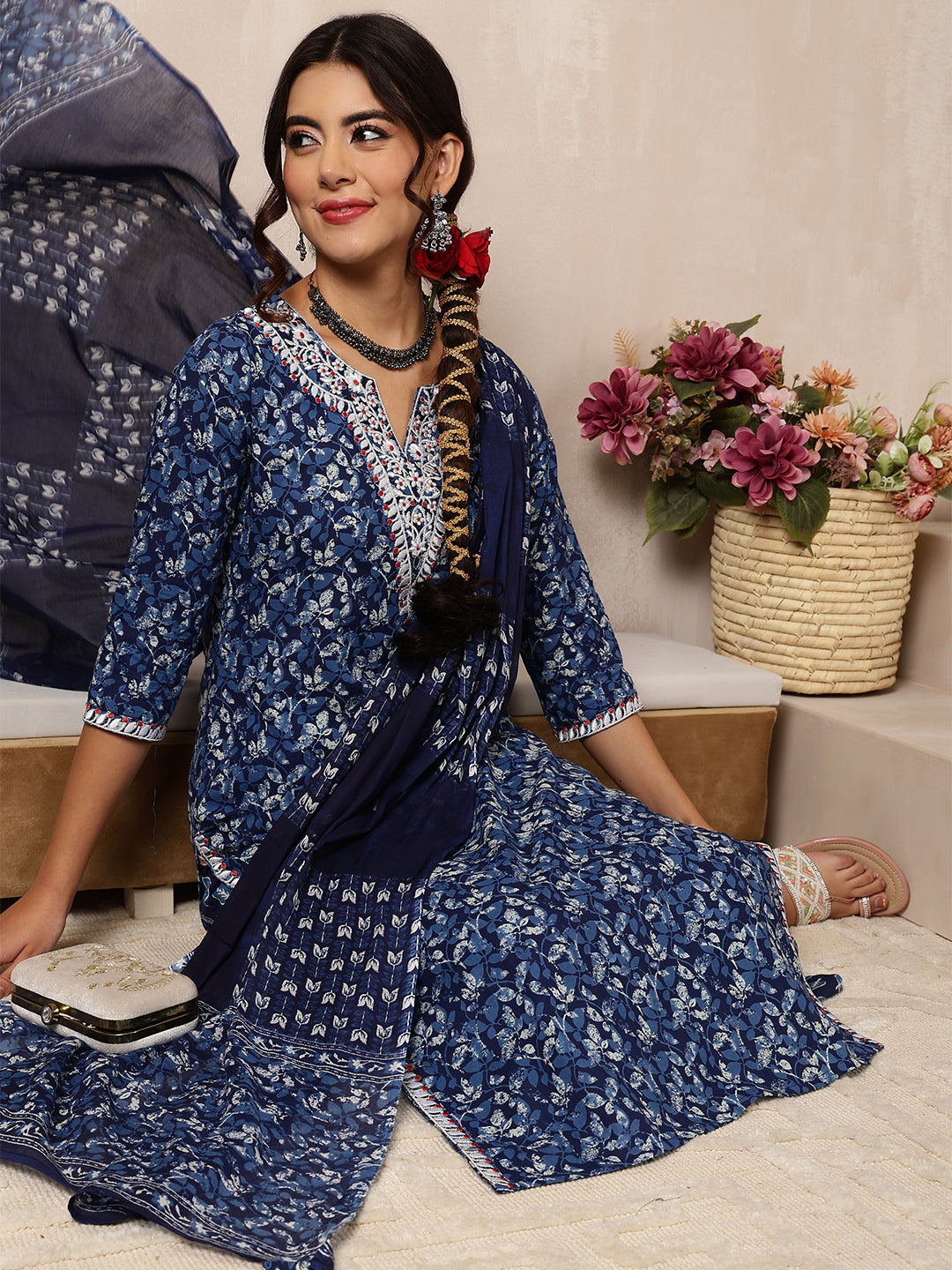 Cotton Calf Length Printed Straight 3/4 Sleeves V-Neck Kurta Bottom Dupatta Set