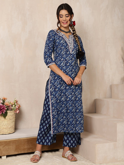 Cotton Calf Length Printed Straight 3/4 Sleeves V-Neck Kurta Bottom Dupatta Set