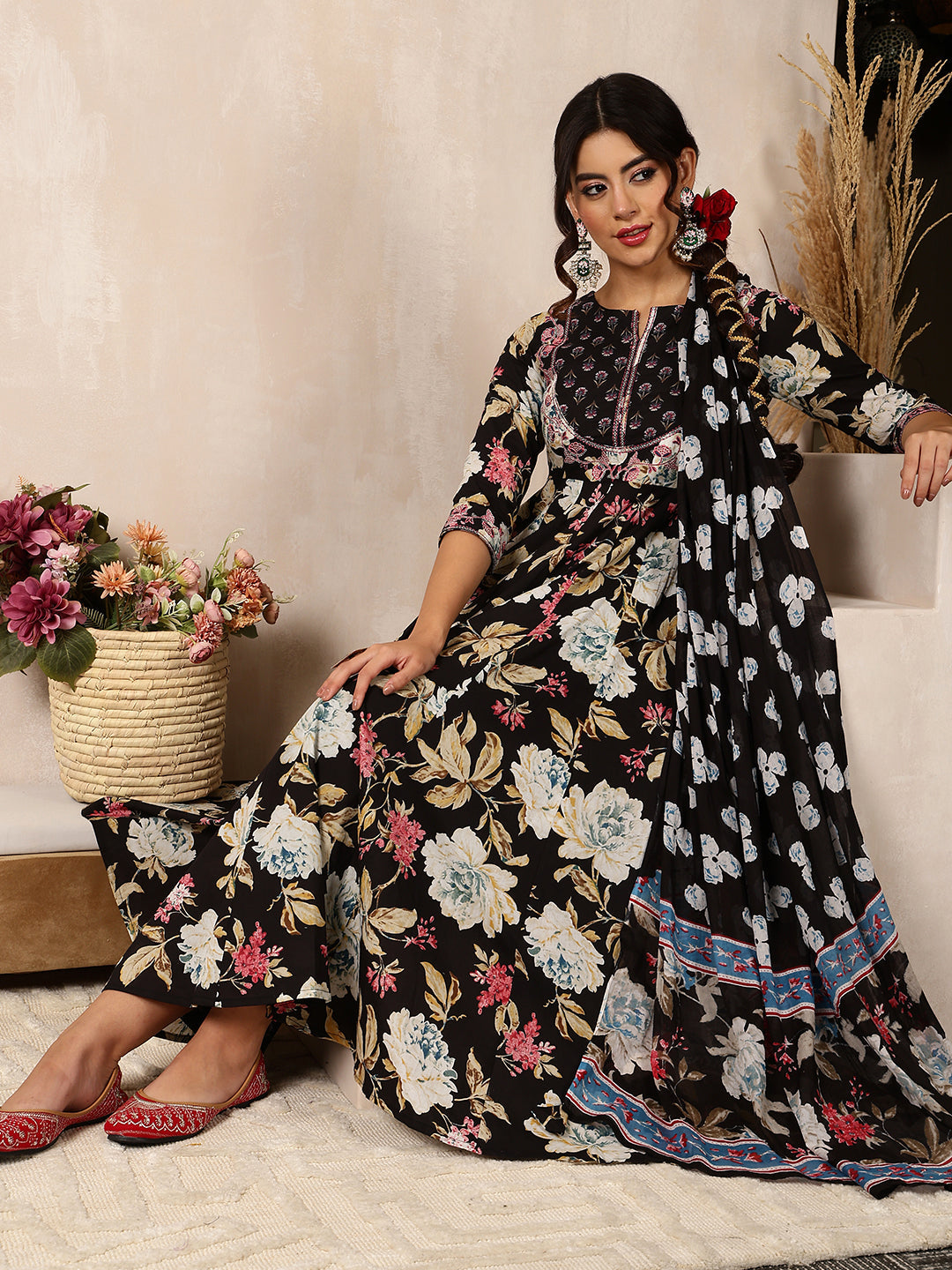 Cotton Calf Length Printed Flared 3/4 Sleeves Round Neck Kurta Bottom Dupatta Set