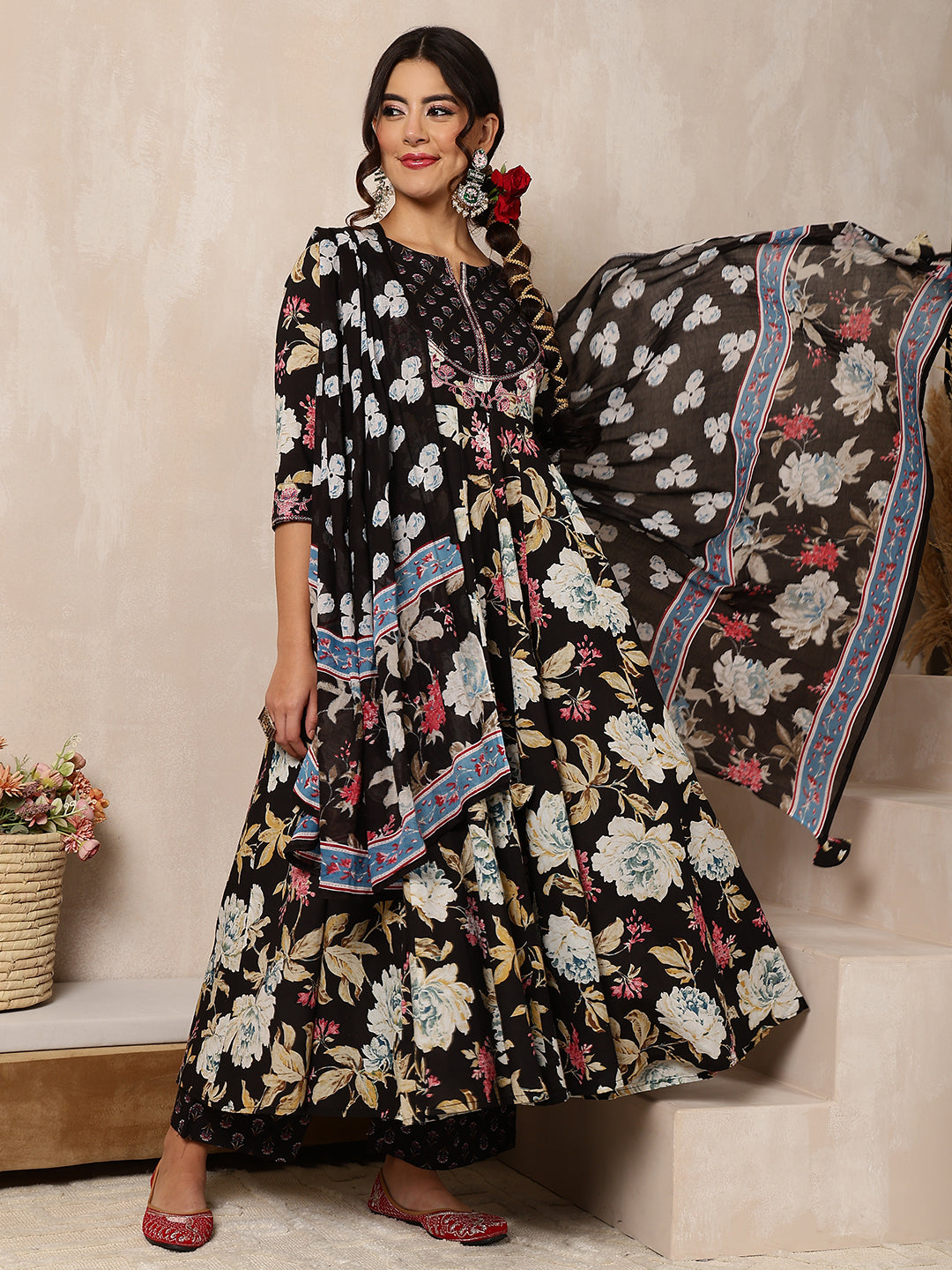 Cotton Calf Length Printed Flared 3/4 Sleeves Round Neck Kurta Bottom Dupatta Set (Preorder)