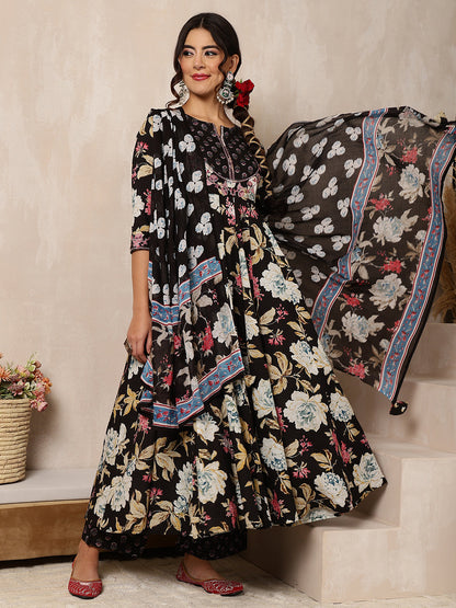 Cotton Calf Length Printed Flared 3/4 Sleeves Round Neck Kurta Bottom Dupatta Set (Preorder)