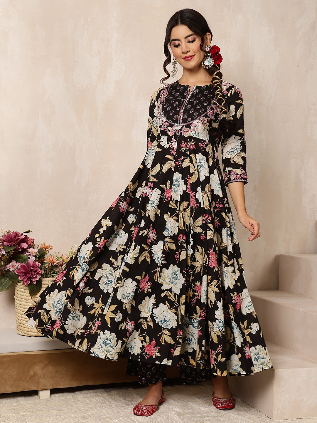 Cotton Calf Length Printed Flared 3/4 Sleeves Round Neck Kurta Bottom Dupatta Set