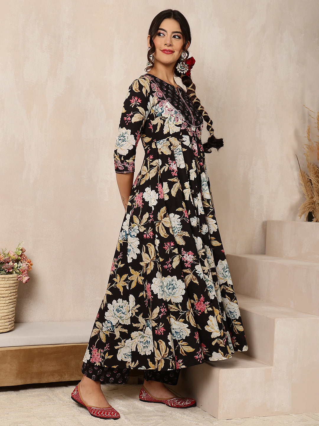 Cotton Calf Length Printed Flared 3/4 Sleeves Round Neck Kurta Bottom Dupatta Set (Preorder)