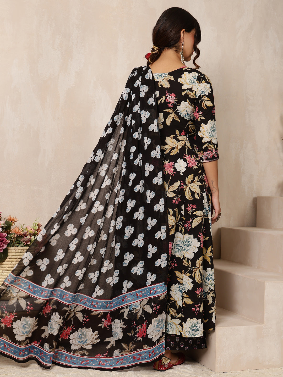 Cotton Calf Length Printed Flared 3/4 Sleeves Round Neck Kurta Bottom Dupatta Set