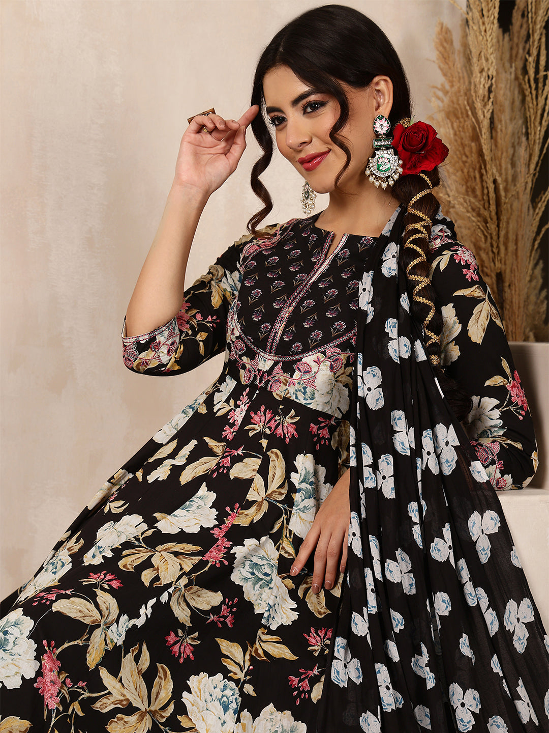 Cotton Calf Length Printed Flared 3/4 Sleeves Round Neck Kurta Bottom Dupatta Set