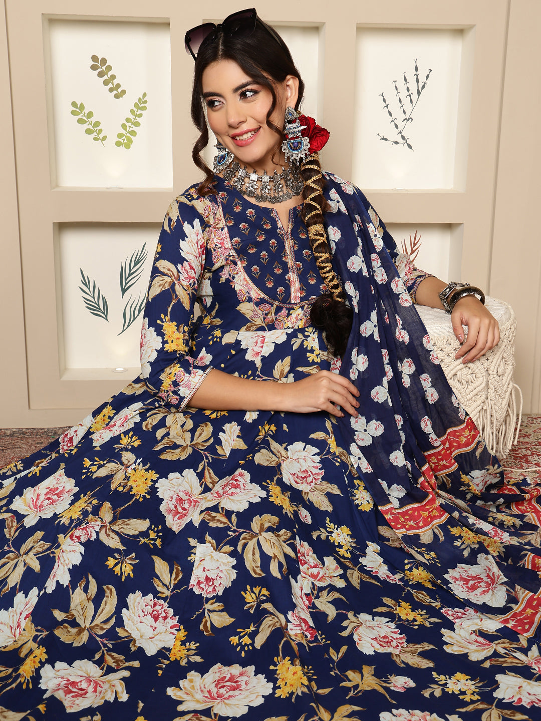 Cotton Calf Length Printed Flared 3/4 Sleeves Round Neck Kurta Bottom Dupatta Set