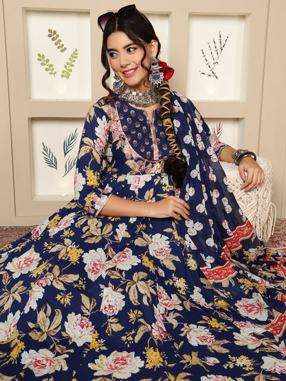 Cotton Calf Length Printed Flared 3/4 Sleeves Round Neck Kurta Bottom Dupatta Set