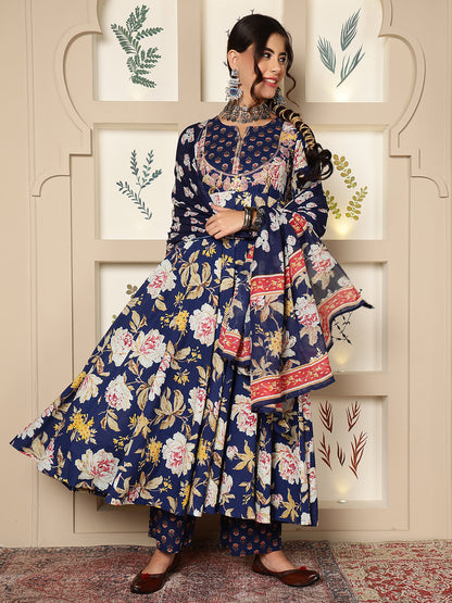 Cotton Calf Length Printed Flared 3/4 Sleeves Round Neck Kurta Bottom Dupatta Set (Preorder)