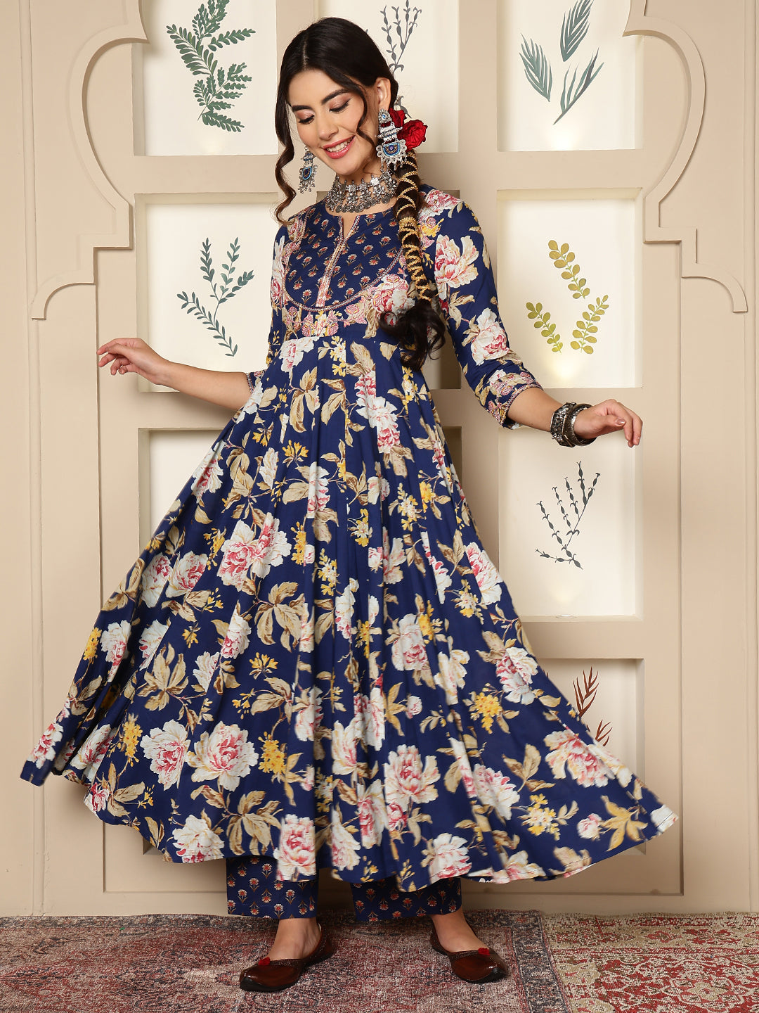 Cotton Calf Length Printed Flared 3/4 Sleeves Round Neck Kurta Bottom Dupatta Set