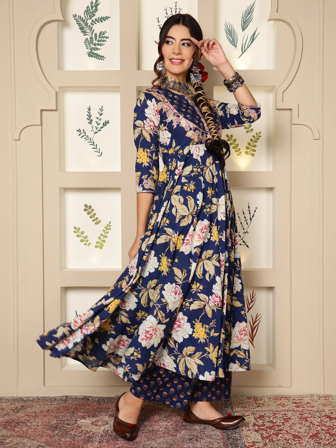 Cotton Calf Length Printed Flared 3/4 Sleeves Round Neck Kurta Bottom Dupatta Set