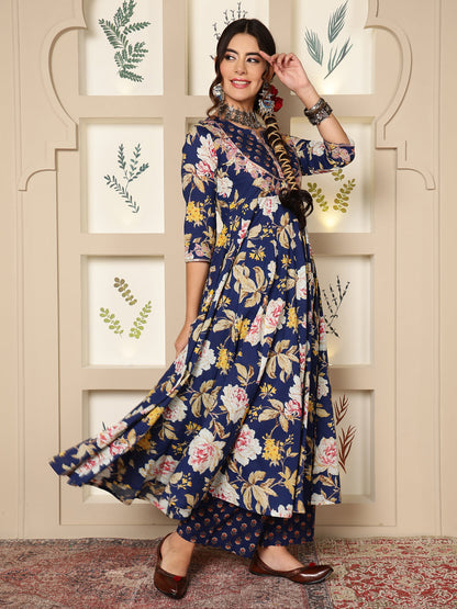 Cotton Calf Length Printed Flared 3/4 Sleeves Round Neck Kurta Bottom Dupatta Set