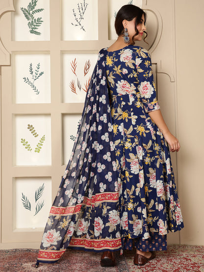 Cotton Calf Length Printed Flared 3/4 Sleeves Round Neck Kurta Bottom Dupatta Set (Preorder)