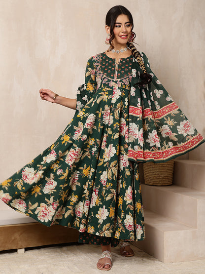 Cotton Calf Length Printed Flared 3/4 Sleeves Round Neck Kurta Bottom Dupatta Set