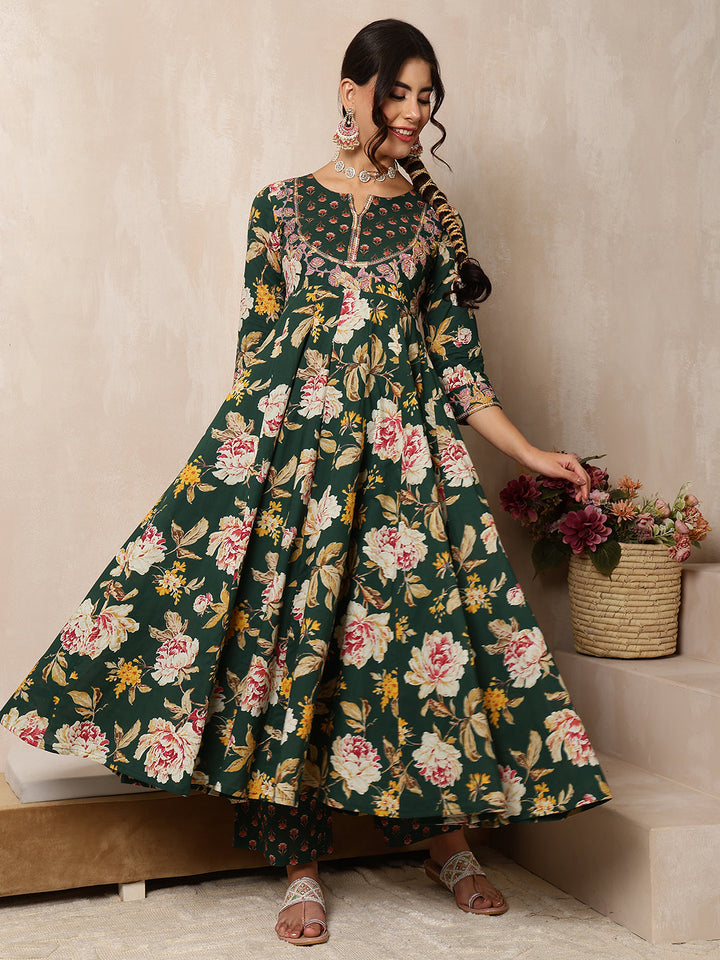 Cotton Calf Length Printed Flared 3/4 Sleeves Round Neck Kurta Bottom Dupatta Set