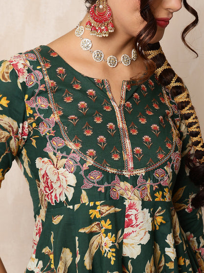 Cotton Calf Length Printed Flared 3/4 Sleeves Round Neck Kurta Bottom Dupatta Set (Preorder)