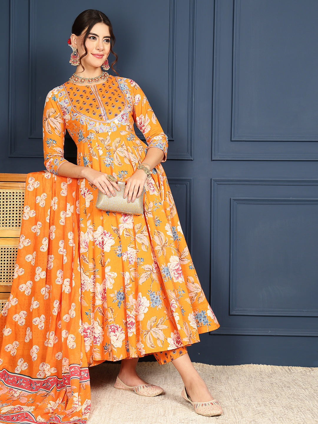 Cotton Calf Length Printed Flared 3/4 Sleeves Round Neck Kurta Bottom Dupatta Set