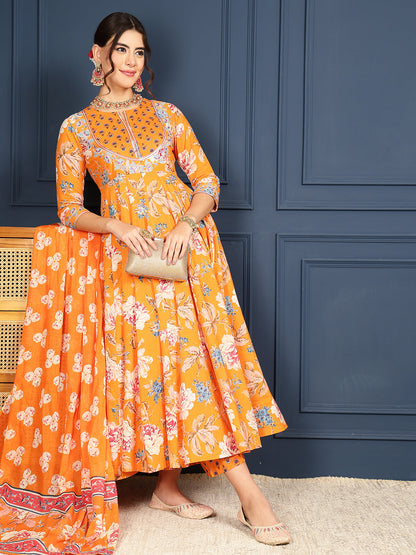 Cotton Calf Length Printed Flared 3/4 Sleeves Round Neck Kurta Bottom Dupatta Set