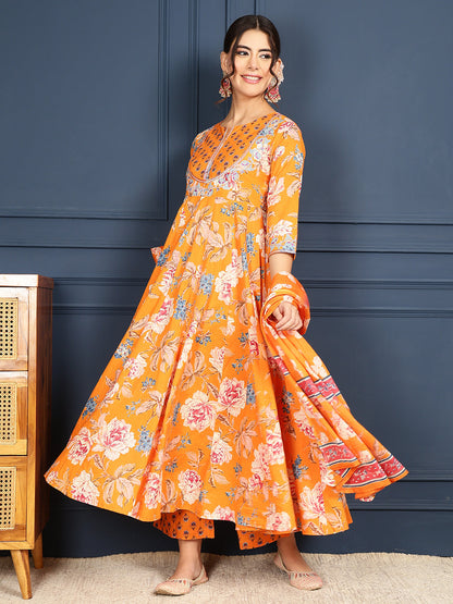 Cotton Calf Length Printed Flared 3/4 Sleeves Round Neck Kurta Bottom Dupatta Set