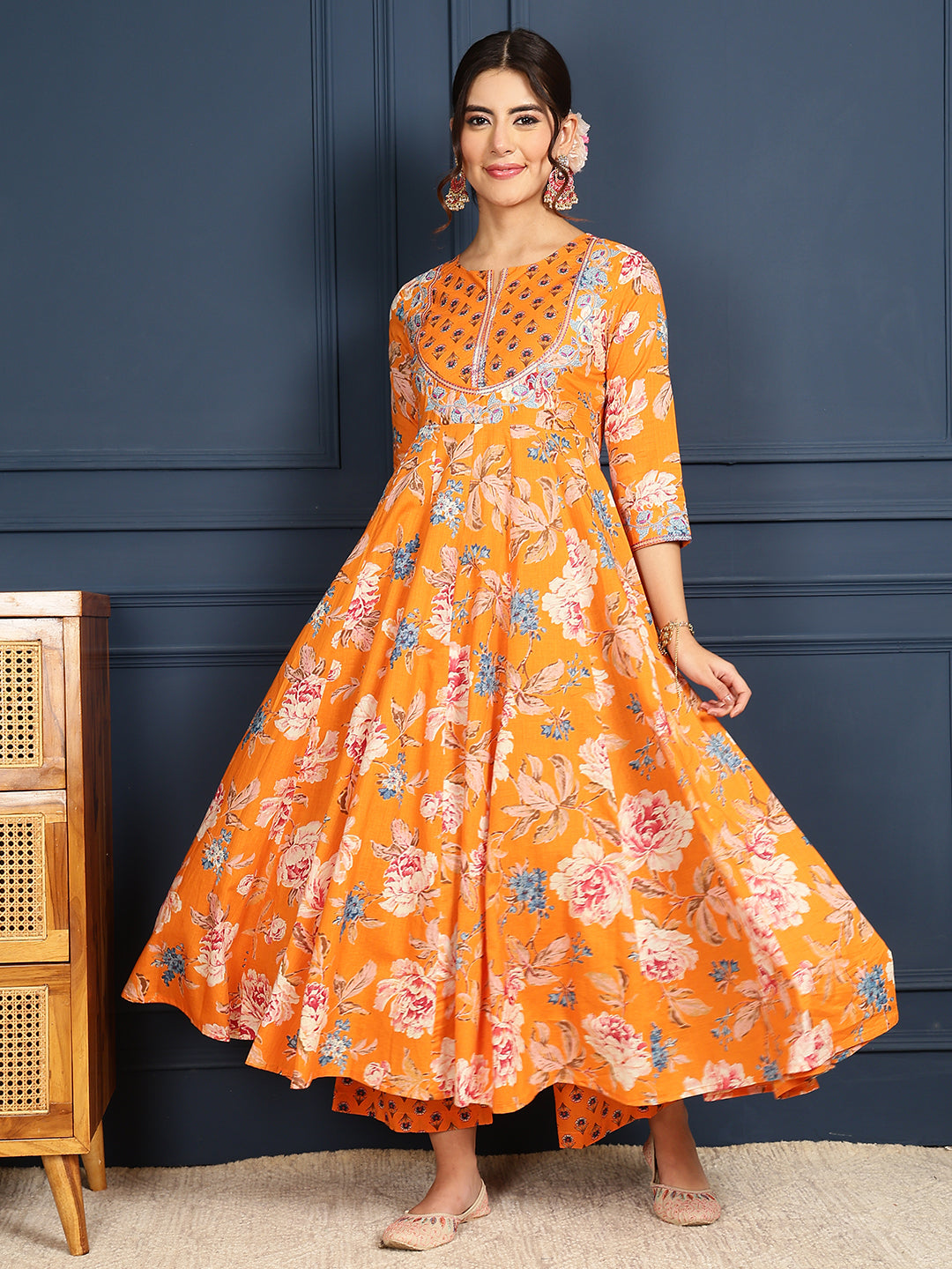 Cotton Calf Length Printed Flared 3/4 Sleeves Round Neck Kurta Bottom Dupatta Set