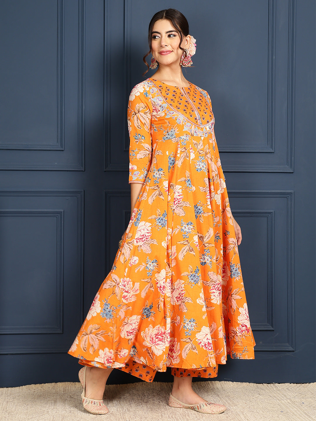 Cotton Calf Length Printed Flared 3/4 Sleeves Round Neck Kurta Bottom Dupatta Set
