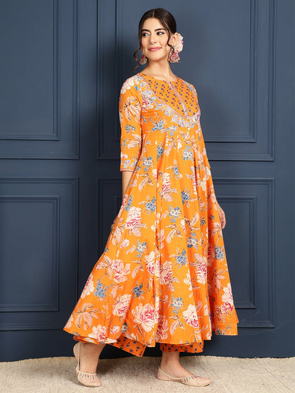 Cotton Calf Length Printed Flared 3/4 Sleeves Round Neck Kurta Bottom Dupatta Set
