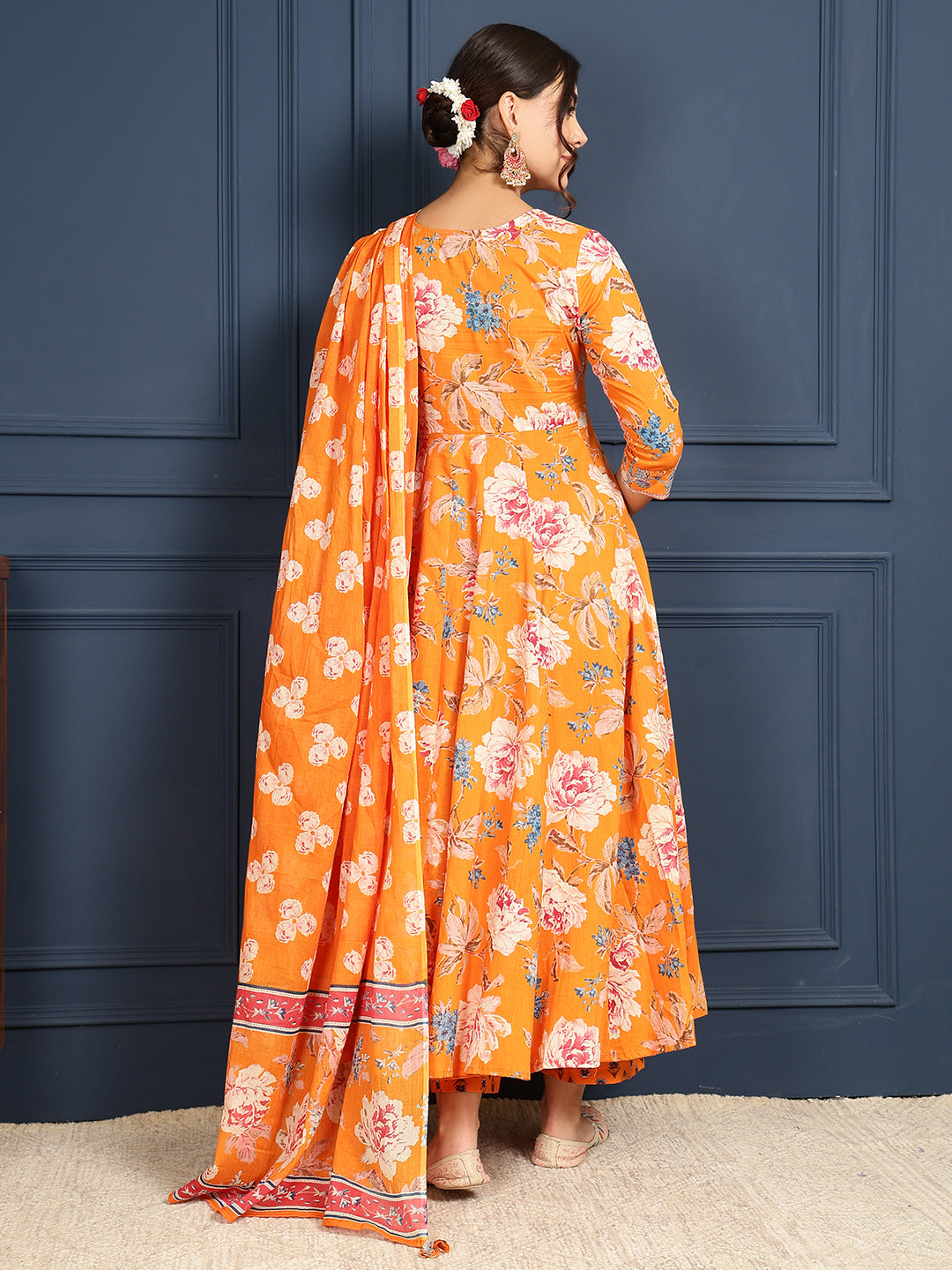 Cotton Calf Length Printed Flared 3/4 Sleeves Round Neck Kurta Bottom Dupatta Set