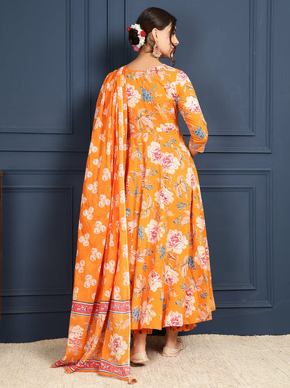 Cotton Calf Length Printed Flared 3/4 Sleeves Round Neck Kurta Bottom Dupatta Set