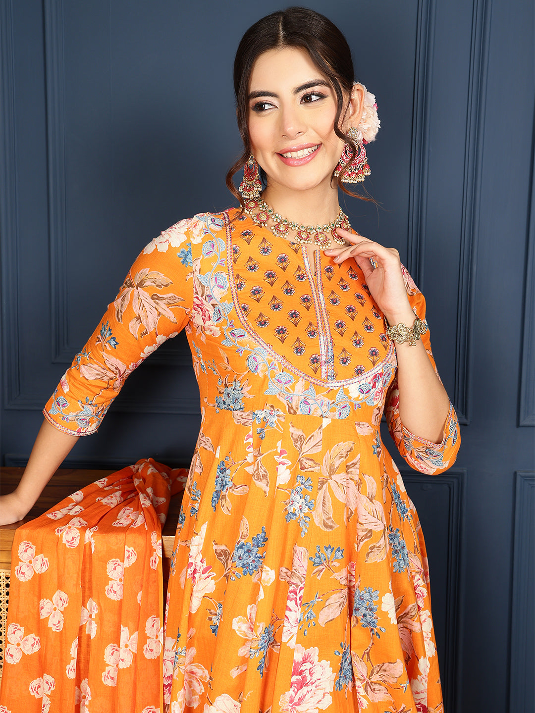 Cotton Calf Length Printed Flared 3/4 Sleeves Round Neck Kurta Bottom Dupatta Set