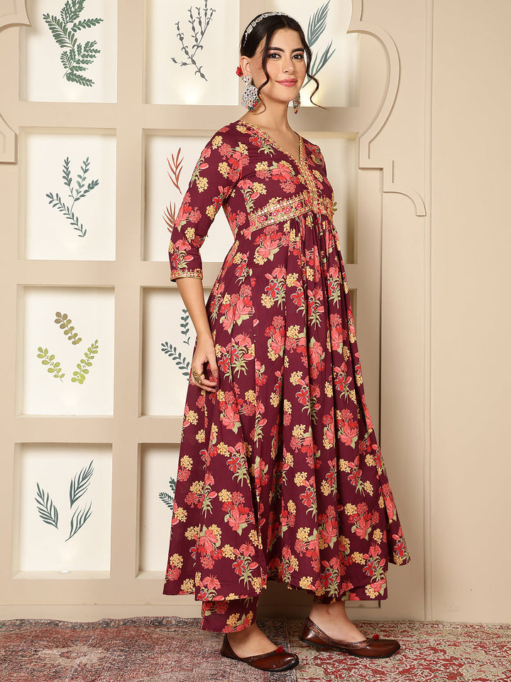 Rayon Calf Length Printed Flared 3/4 Sleeves V-Neck Kurta Bottom Set