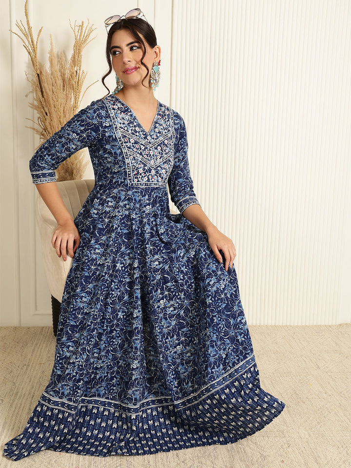 Cotton Ankle Length Printed Flared 3/4 Sleeves V-Neck Gown