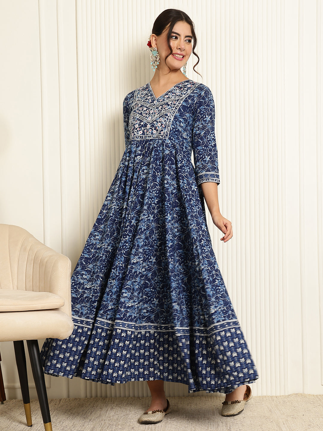 Cotton Ankle Length Printed Flared 3/4 Sleeves V-Neck Gown
