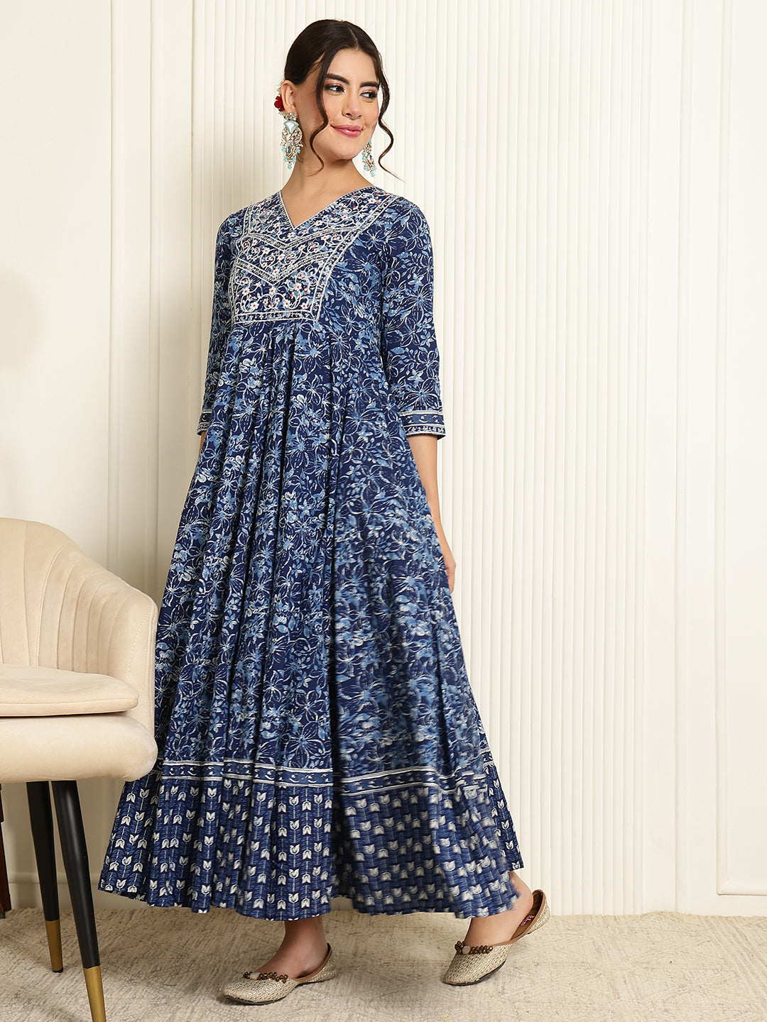 Cotton Ankle Length Printed Flared 3/4 Sleeves V-Neck Gown (Preorder)