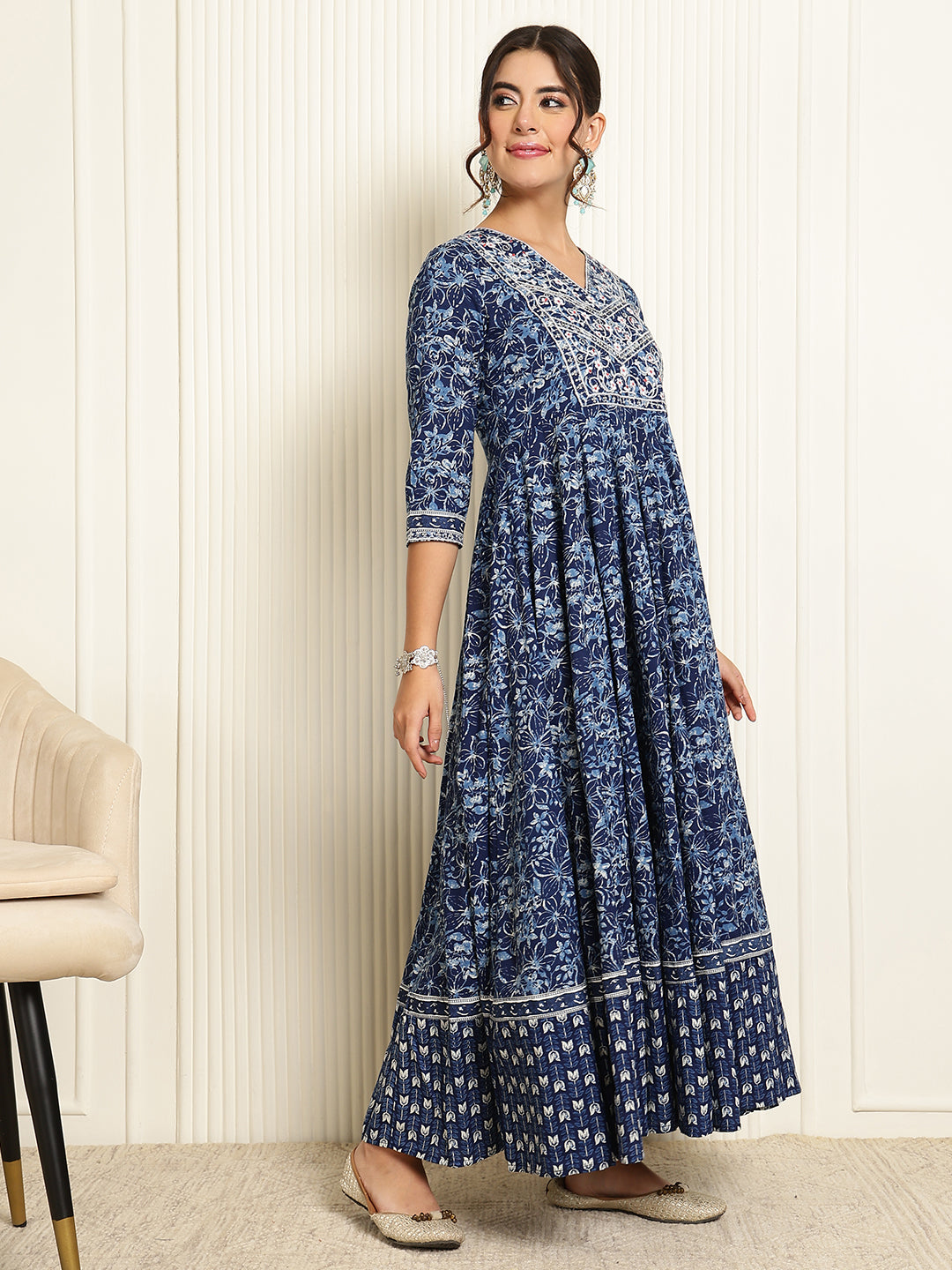 Cotton Ankle Length Printed Flared 3/4 Sleeves V-Neck Gown