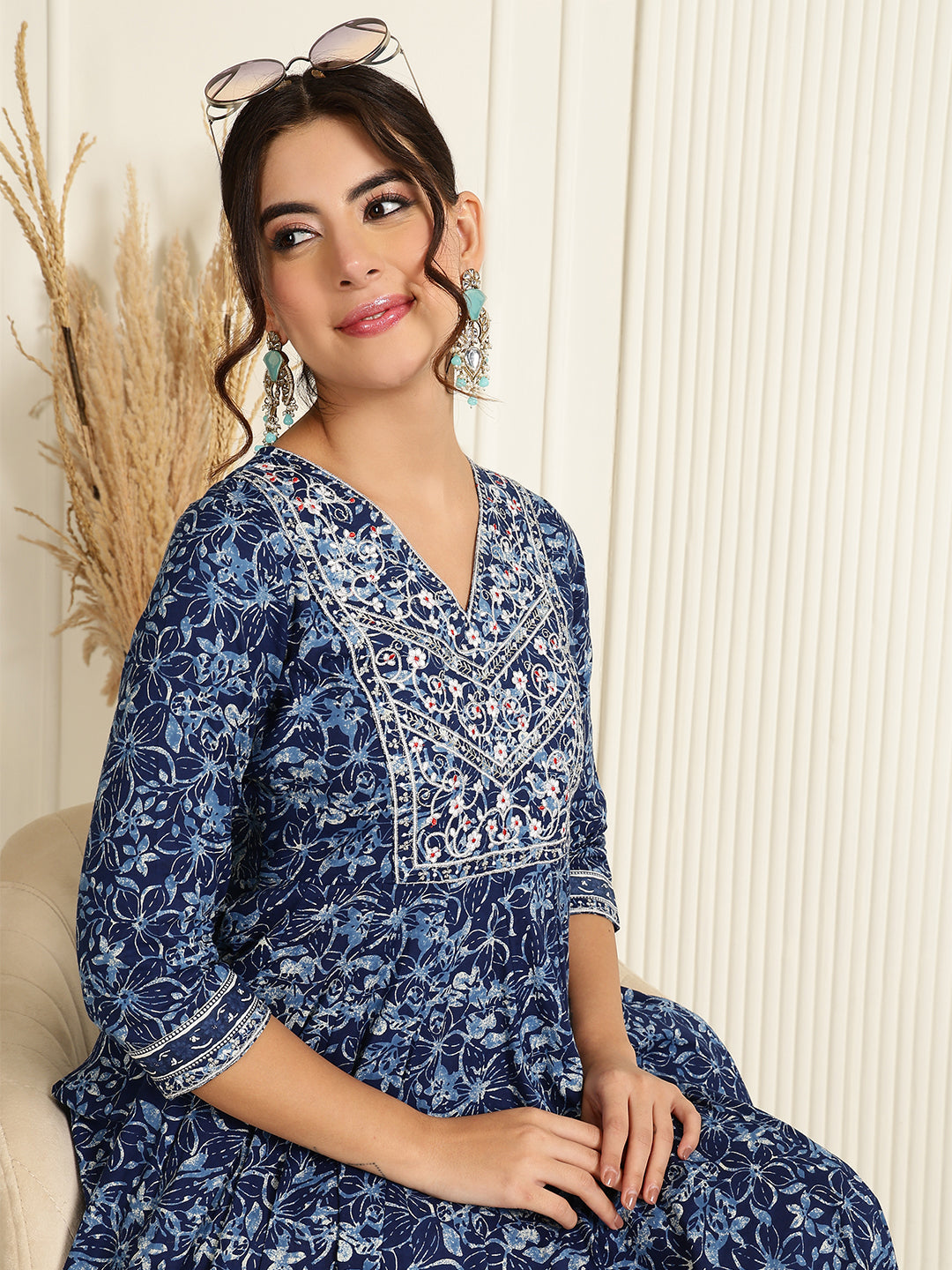 Cotton Ankle Length Printed Flared 3/4 Sleeves V-Neck Gown