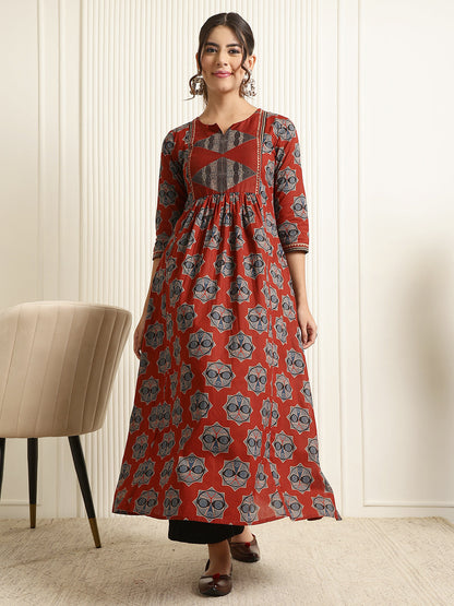Cotton Calf Length Printed Semi-Flared 3/4 Sleeves Round Neck Kurta