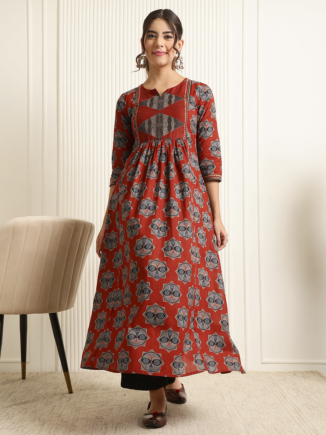 Cotton Calf Length Printed Semi-Flared 3/4 Sleeves Round Neck Kurta (Preorder)