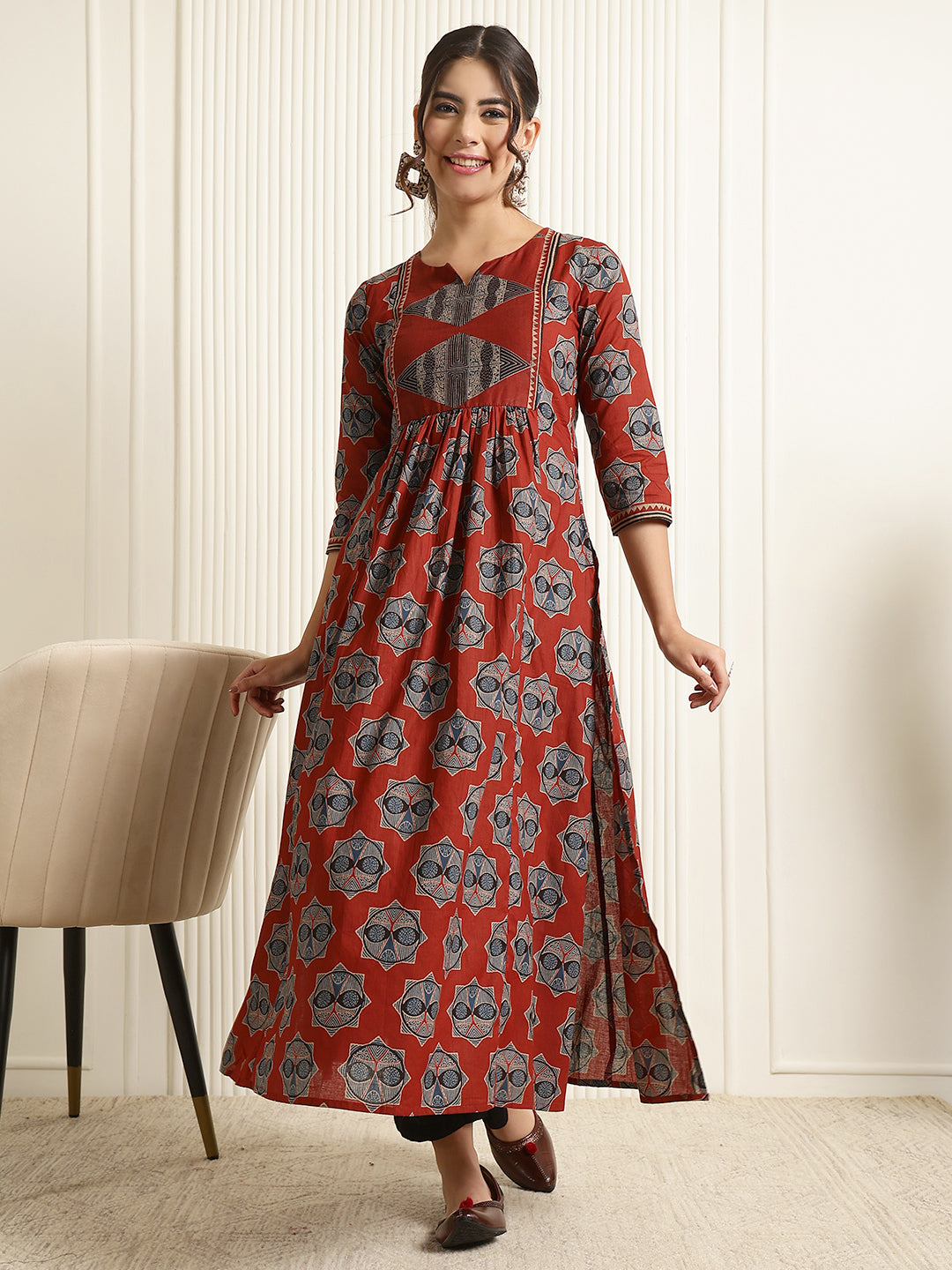 Cotton Calf Length Printed Semi-Flared 3/4 Sleeves Round Neck Kurta (Preorder)
