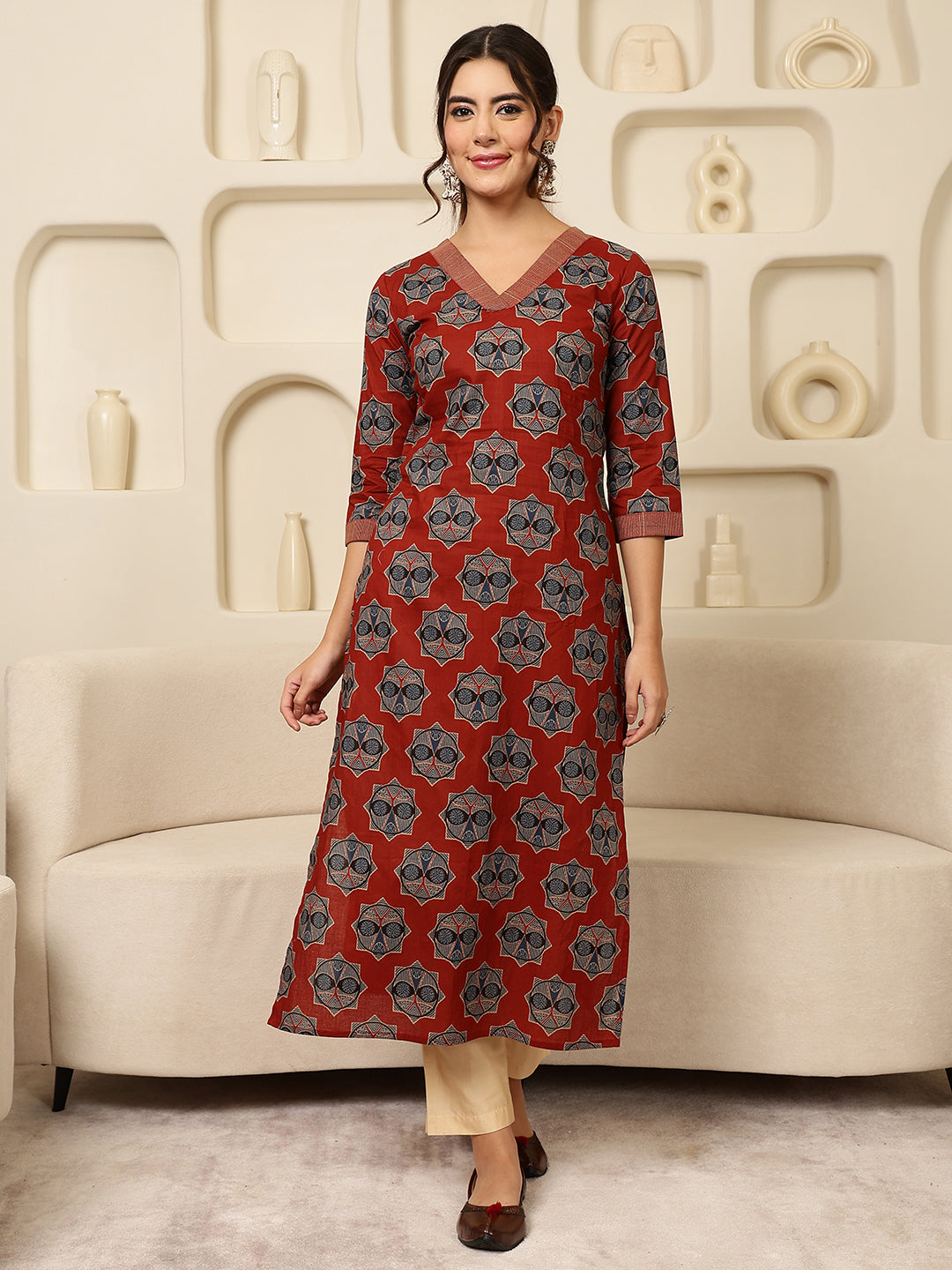 Cotton Calf Length Printed Straight 3/4 Sleeves V-Neck Kurta (Preorder)