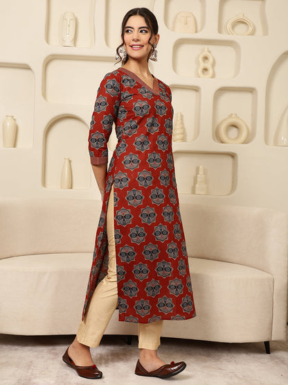 Cotton Calf Length Printed Straight 3/4 Sleeves V-Neck Kurta (Preorder)