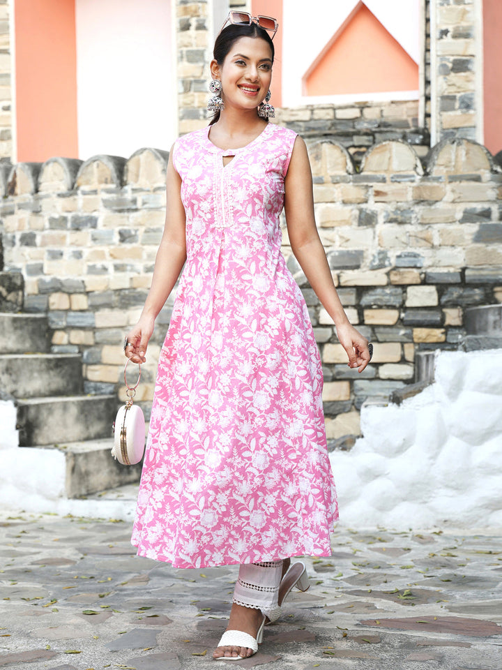 Cotton Calf Length Printed A-Line Sleeveless Round Neck Kurta
