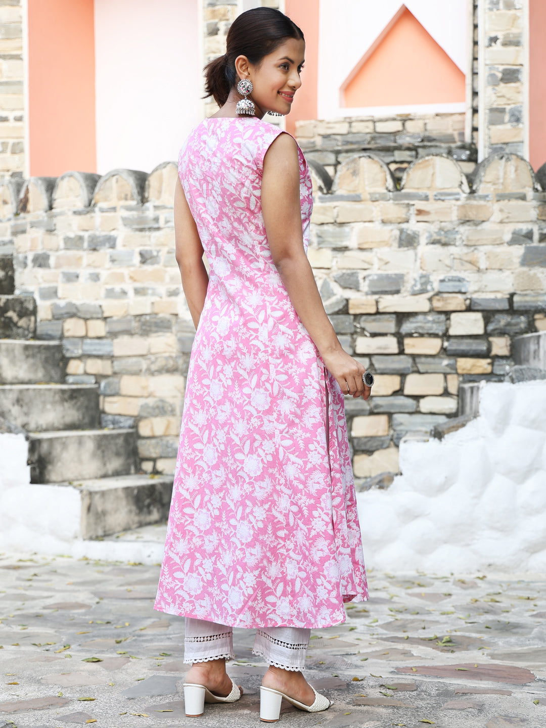 Cotton Calf Length Printed A-Line Sleeveless Round Neck Kurta