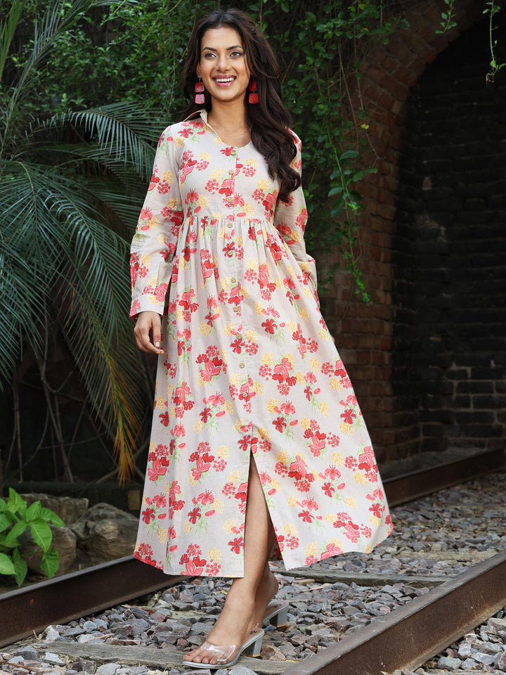 Cotton Calf Length Printed A-Line Full Sleeves Coller Kurta