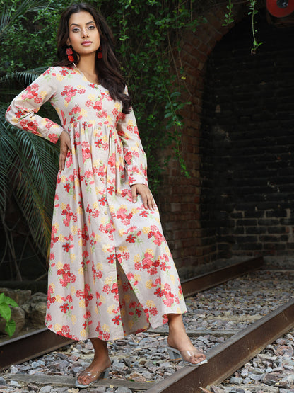 Cotton Calf Length Printed A-Line Full Sleeves Coller Kurta