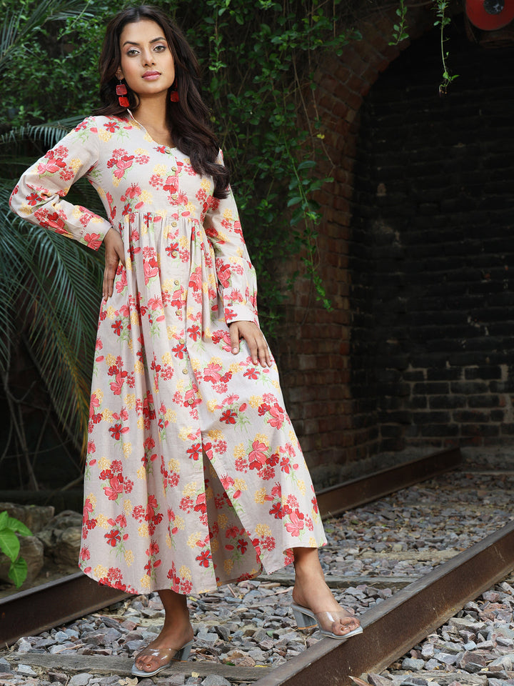 Cotton Calf Length Printed A-Line Full Sleeves Coller Kurta