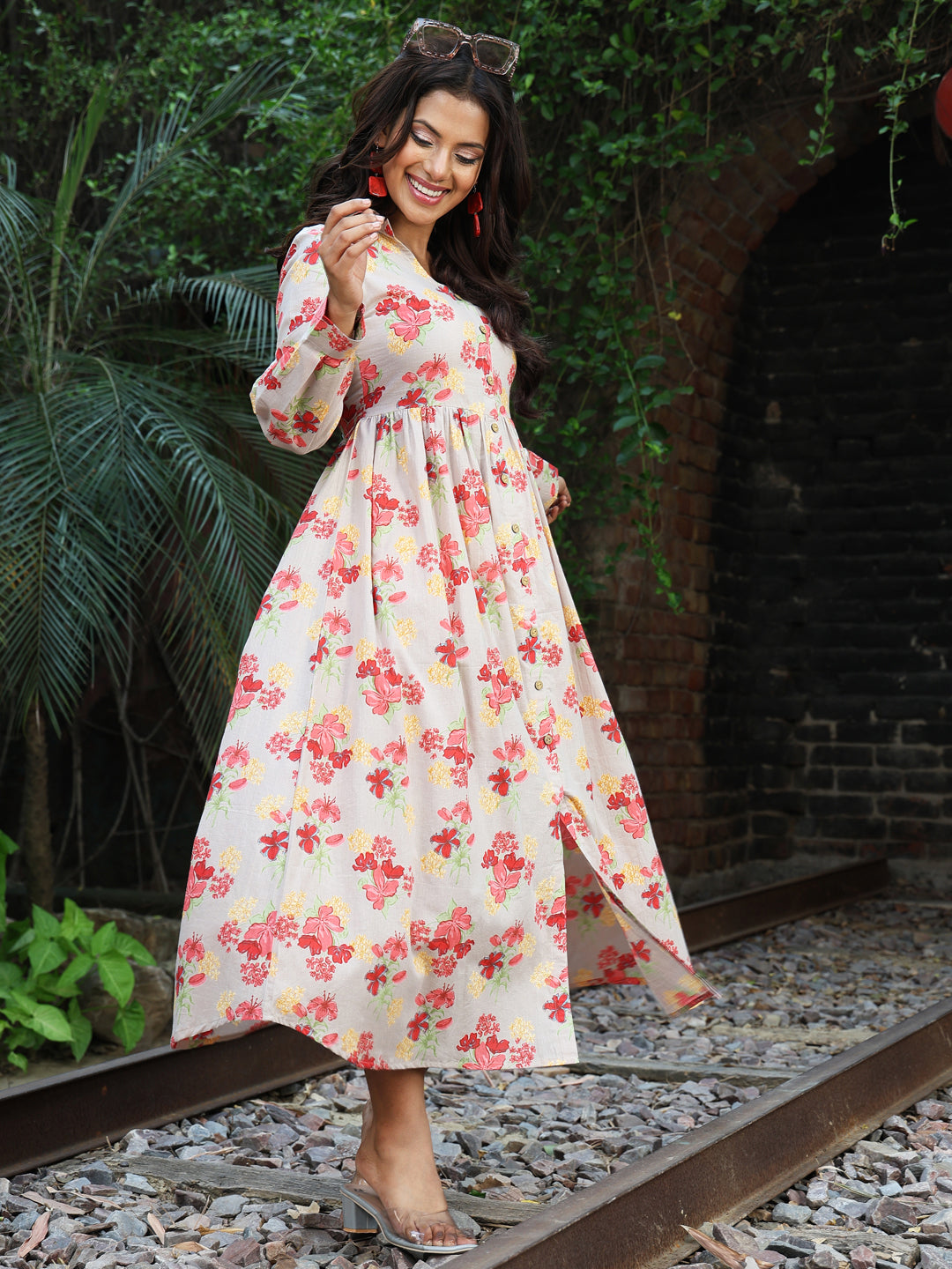 Cotton Calf Length Printed A-Line Full Sleeves Coller Kurta